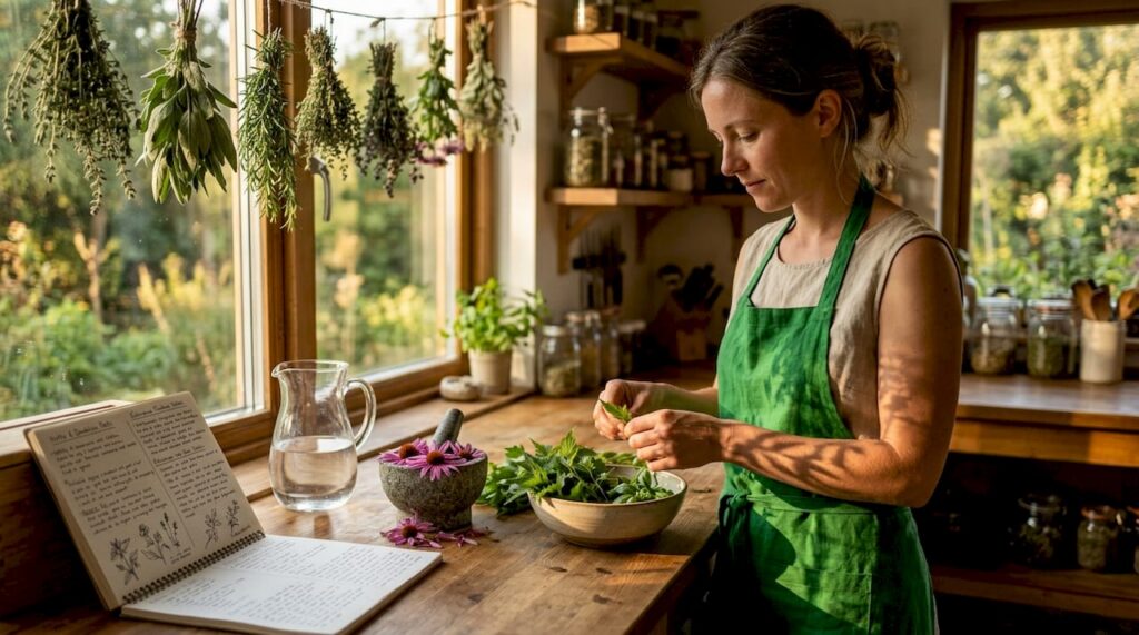 Herbalist preparing alkaline herbs in kitchen