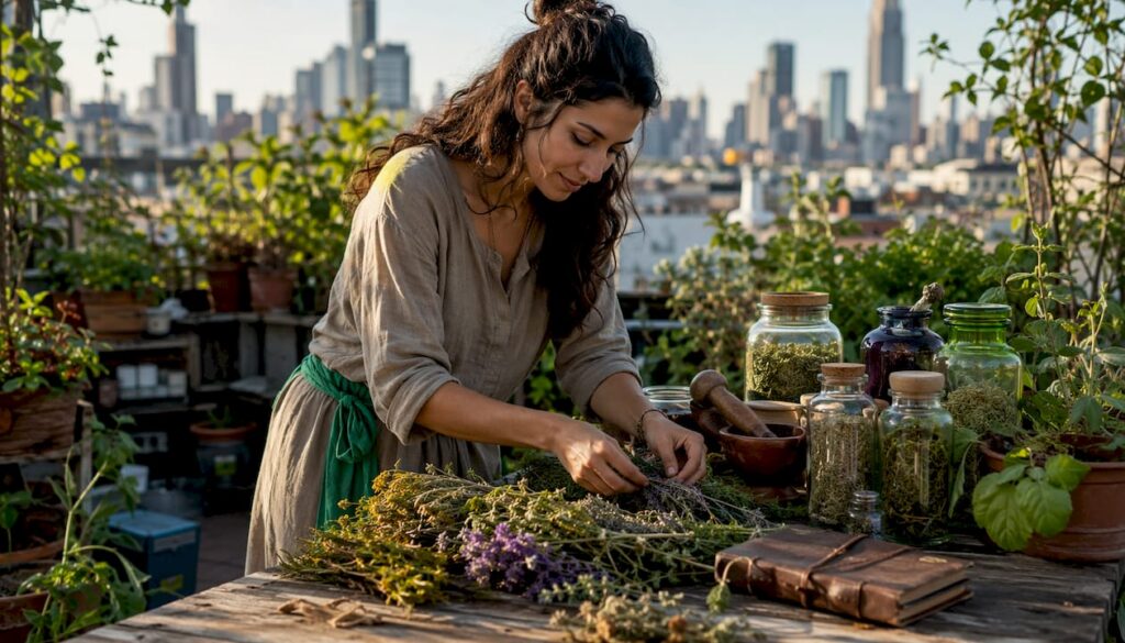 Herbalist sorting wildcrafted herbs in greenhouse