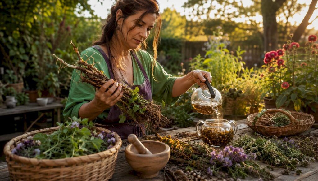 Herbalist preparing burdock root tea in kitchen