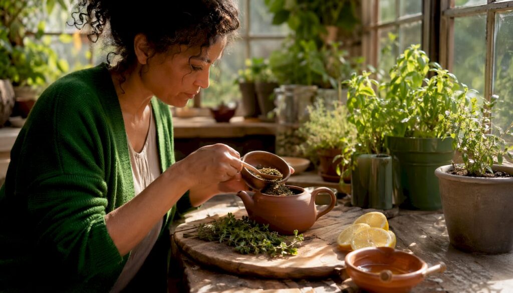 Woman preparing herbal infusion in kitchen