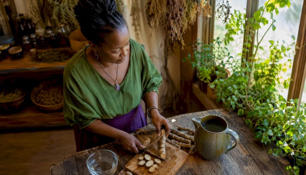 Woman preparing burdock root at kitchen table