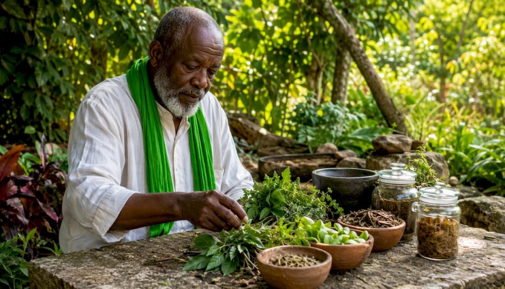 Herbalist selecting mineral-rich herbs in greenhouse