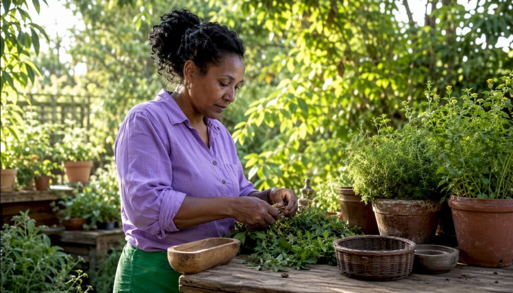 Woman preparing alkaline detox herbs in kitchen