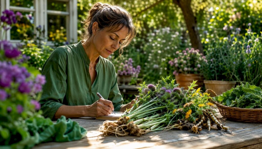 Nutritionist examining liver-supporting herbs at desk