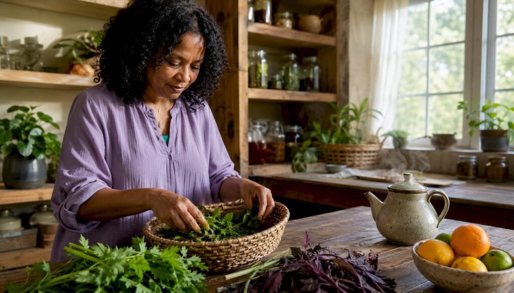 Woman preparing fresh iron-boosting herbs in kitchen