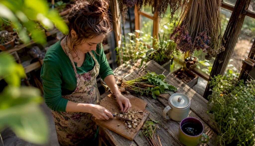 Woman preparing dandelion root tea at kitchen table
