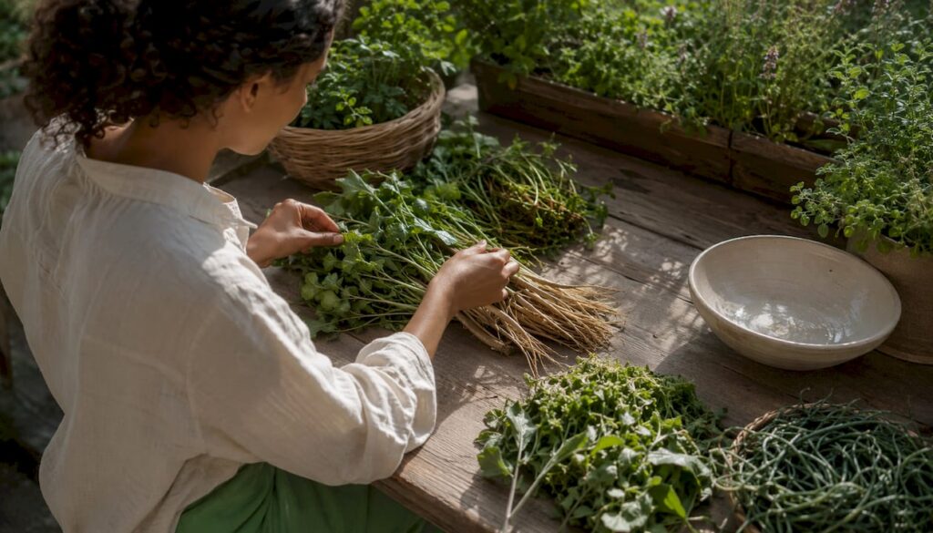 Person preparing alkaline herbs on kitchen counter