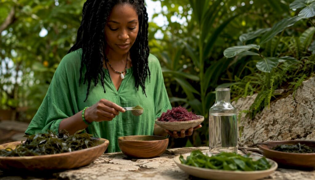 Nutritionist preparing sea moss and greens powders