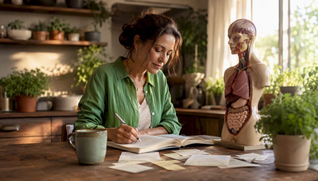 Woman studying body pH regulation in home office