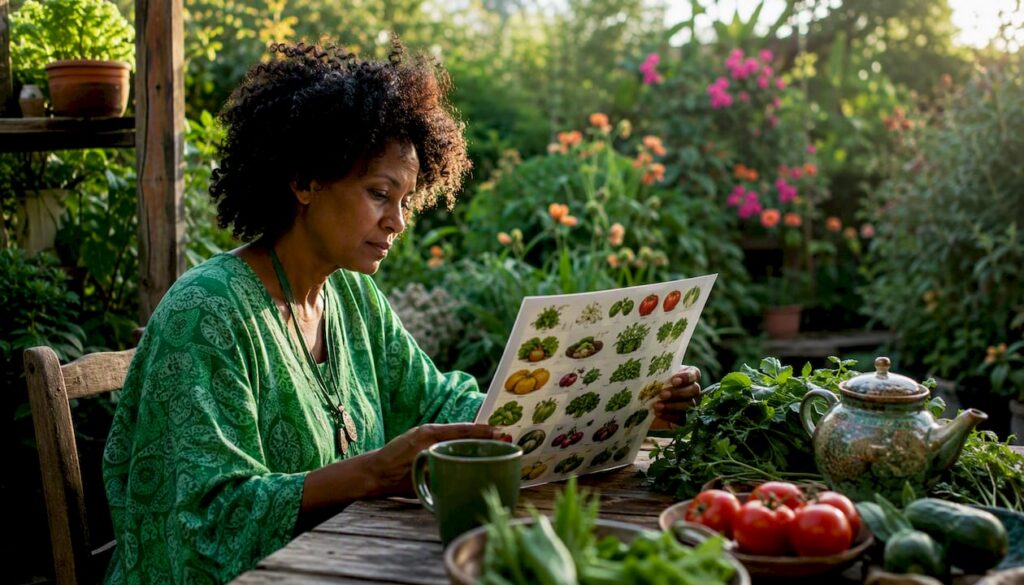 Woman reviewing Dr. Sebi alkaline food chart at kitchen table