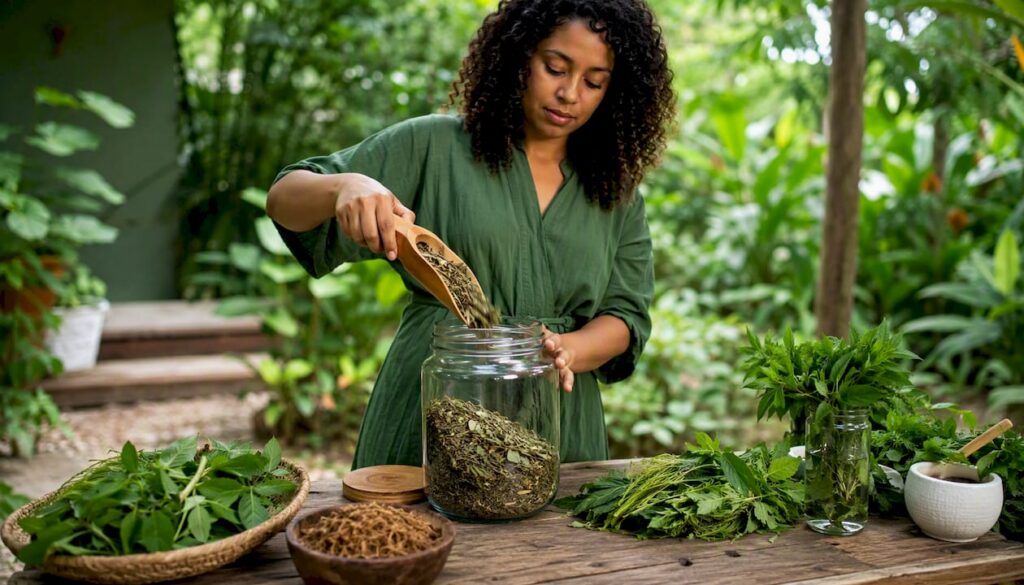 Hands pouring alkaline herbs to prepare detox infusion