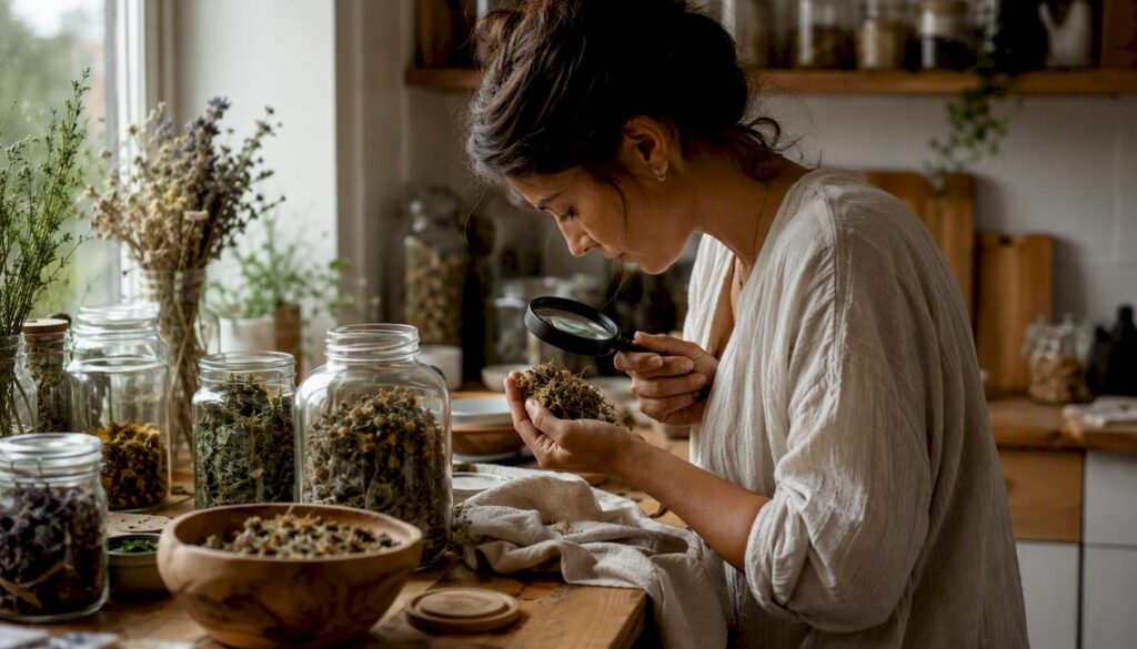 Close-up of herb being inspected under microscope
