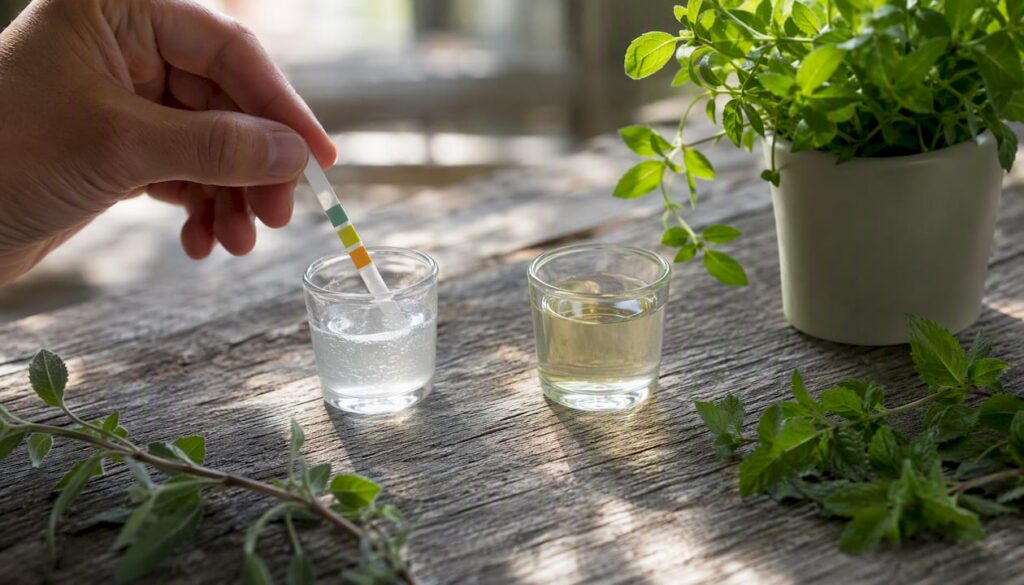Hand dipping pH strip into saliva sample