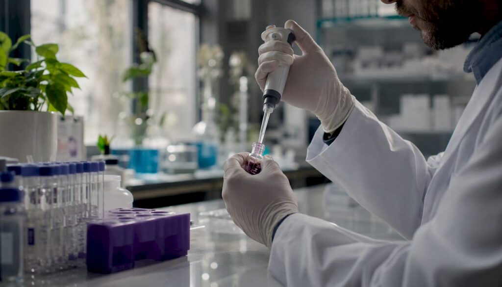 Scientist extracting liquid from vial in lab