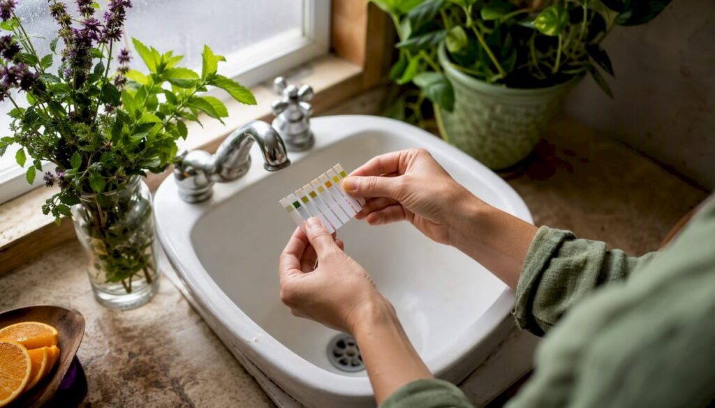 Hands holding urine pH test strips in kitchen