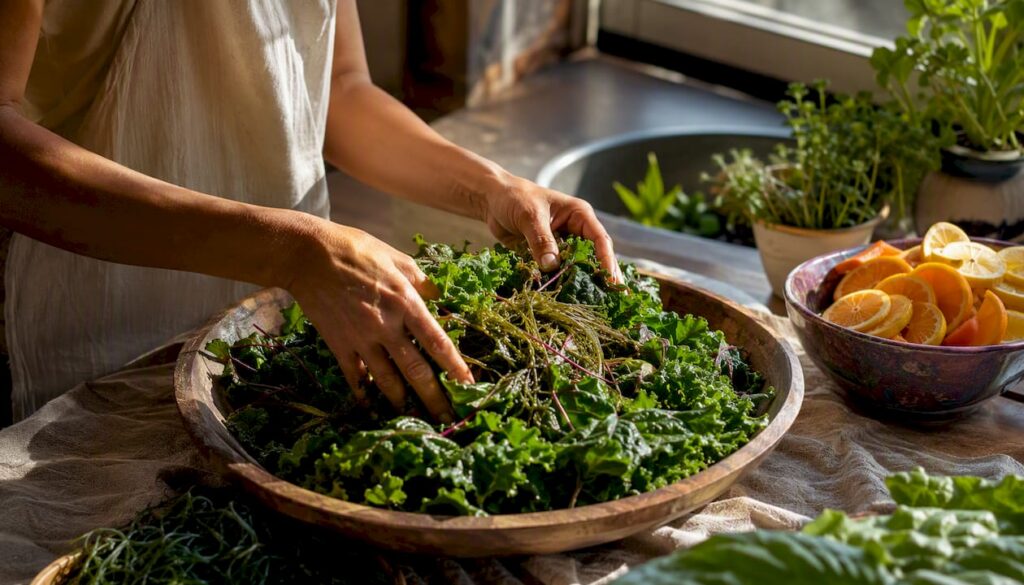 Hands preparing fresh alkaline vegetable salad