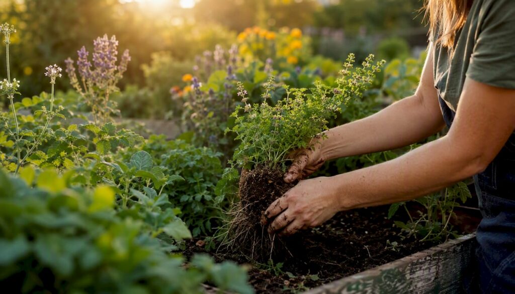 Hands gathering fresh wild herbs in forest