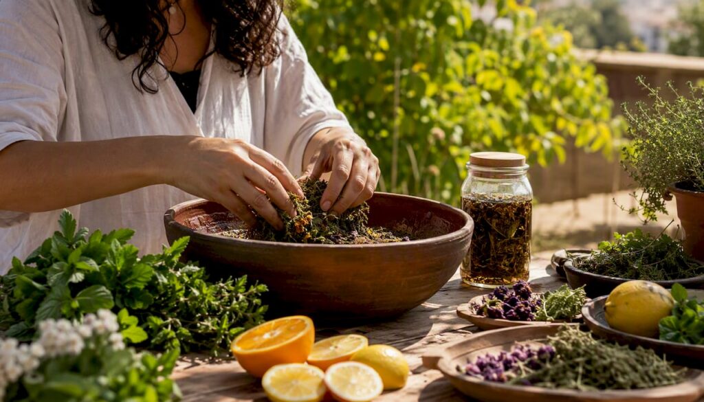 Hands preparing alkaline herbs for diabetes care