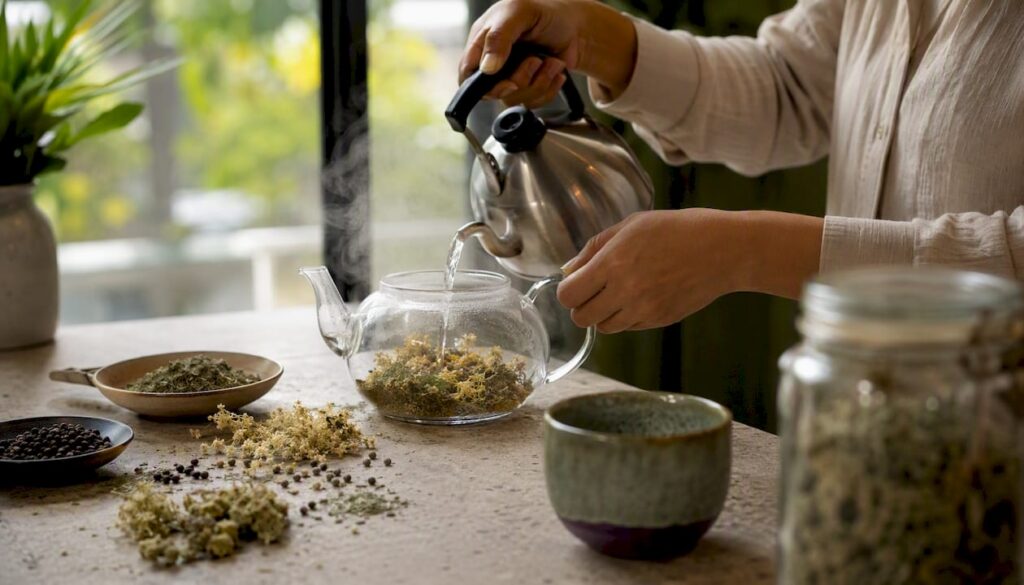 Hands pouring water over herbs in teapot