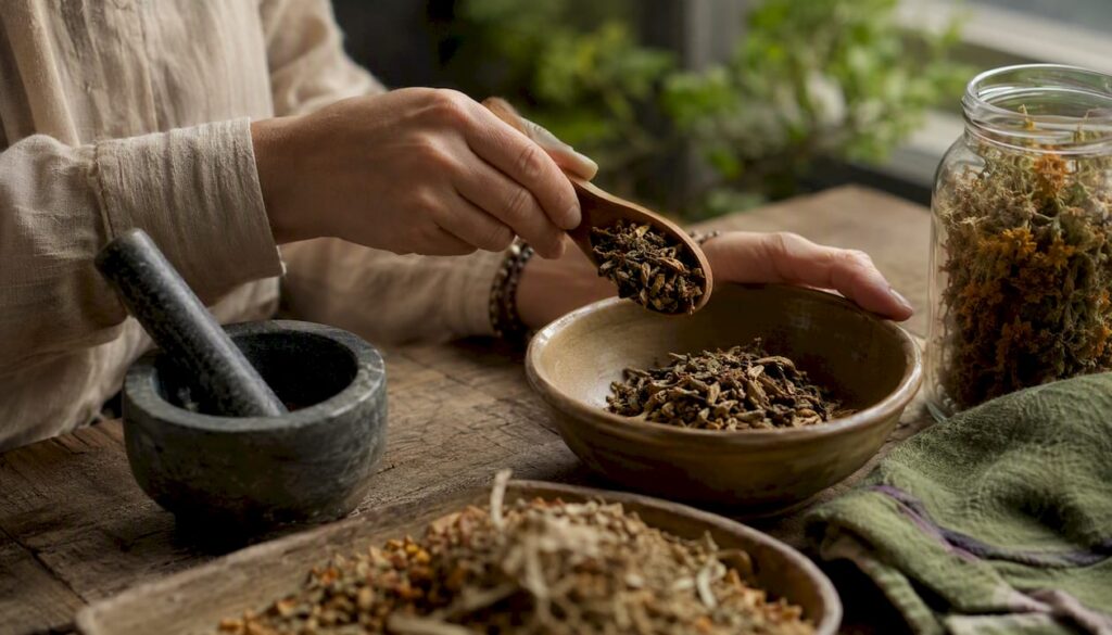 Hands preparing dried alkaline herbs for cleansing