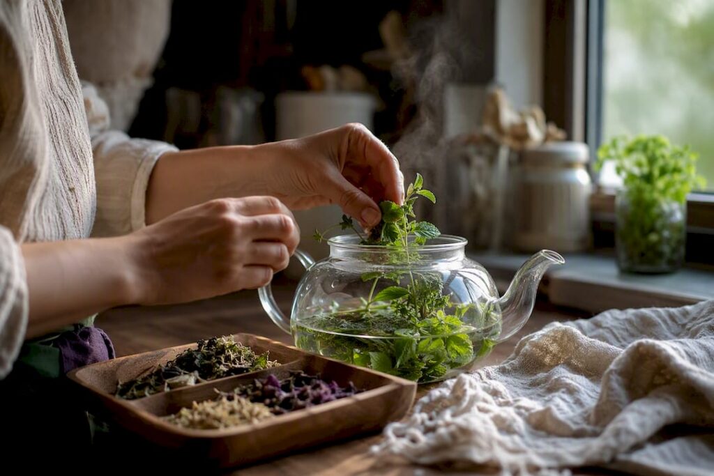 Hands pouring hot water over fresh herbs to brew tea