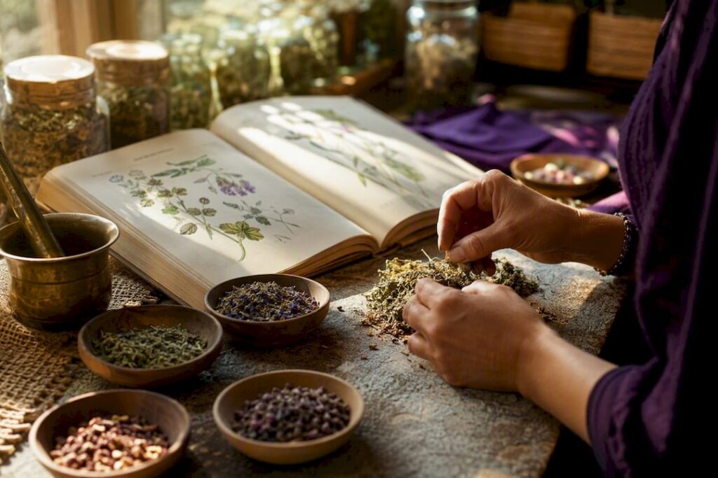 Hands examining dried herbs for quality