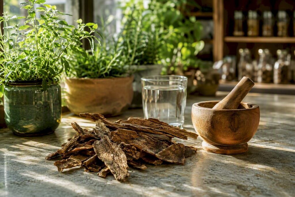 Dried cascara sagrada bark on wooden surface
