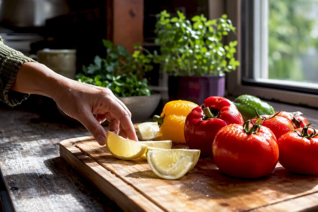 Lemon wedge and leafy greens on board