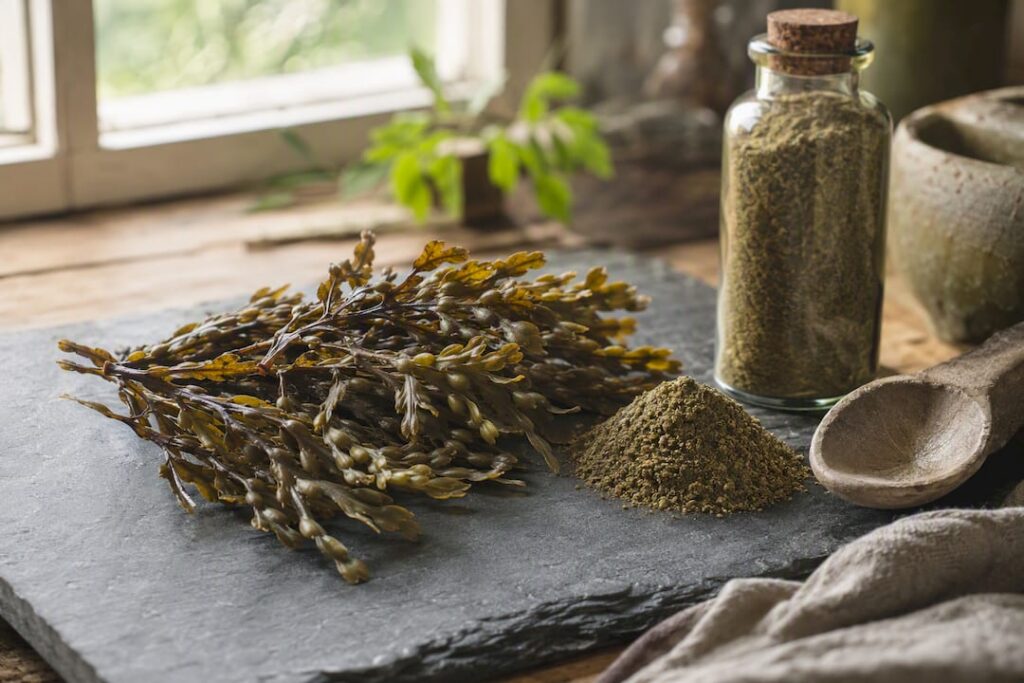 Close-up of dried bladderwrack seaweed and powder