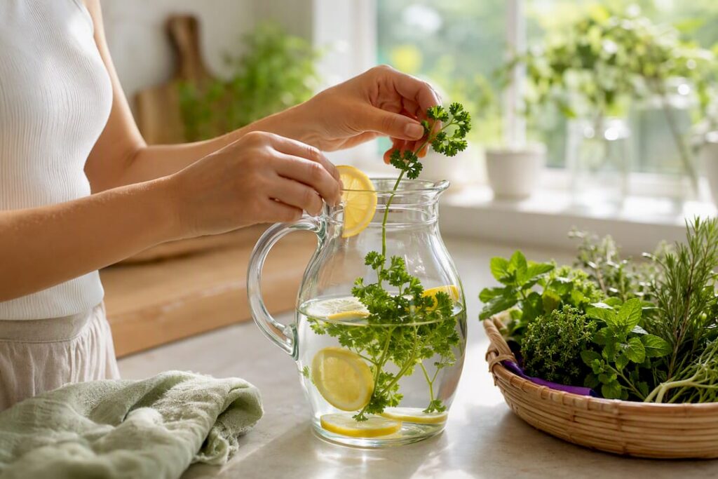 Hands pouring fresh water into glass