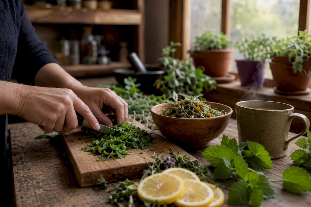 Hands rinsing alkaline herbs in kitchen