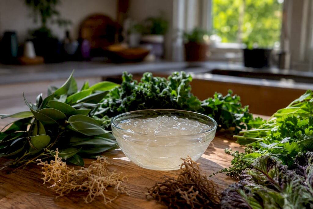 Spoon scooping sea moss gel from jar
