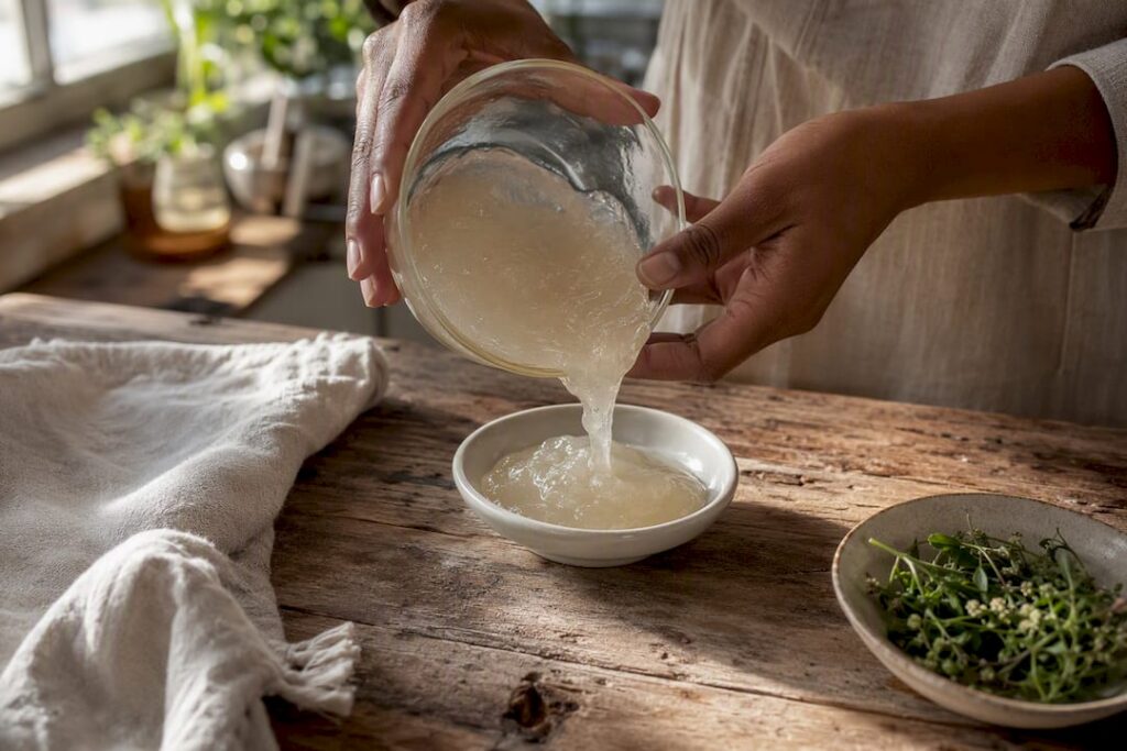 Hands scooping sea moss gel in kitchen