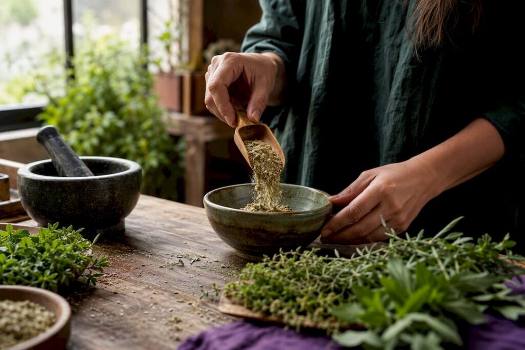 Hands pouring powdered alkaline herbs into bowl