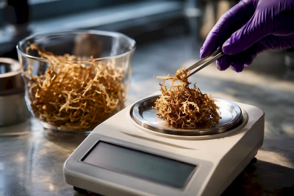 Dried sea moss being weighed for iodine testing