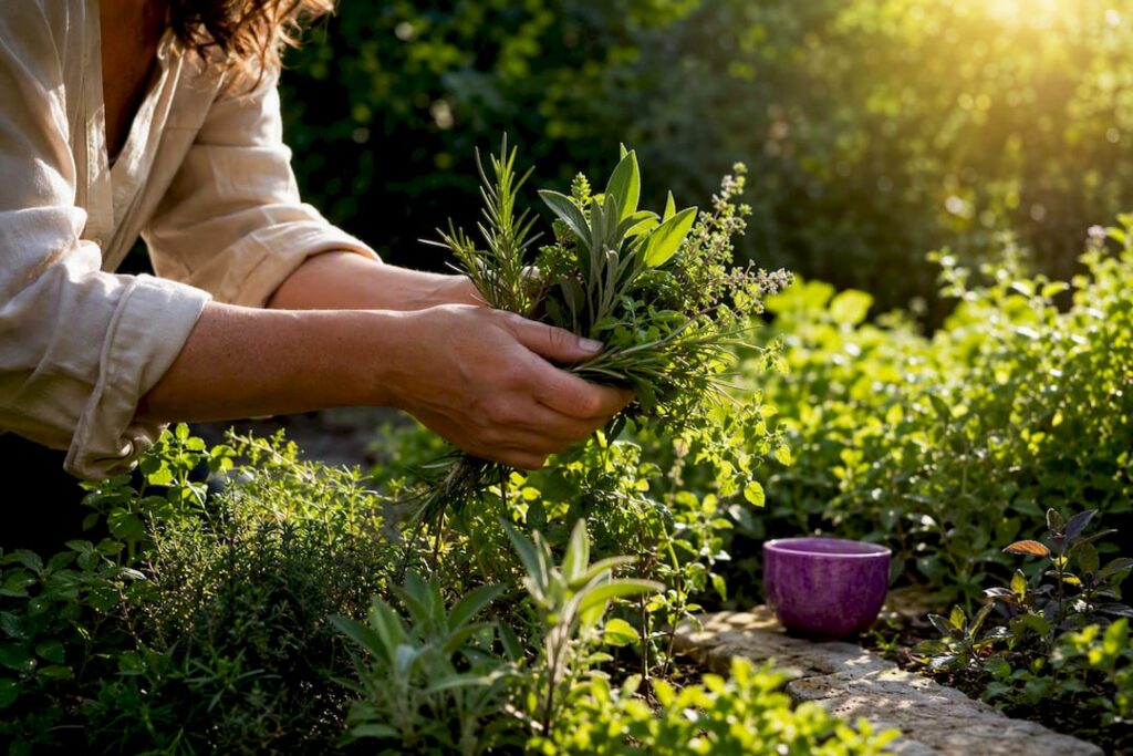 Fresh herbs gathered in a medicinal garden